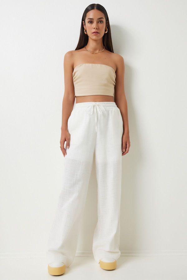 Happiness İstanbul Happiness İstanbul Women's White Loose Cut Linen Trousers