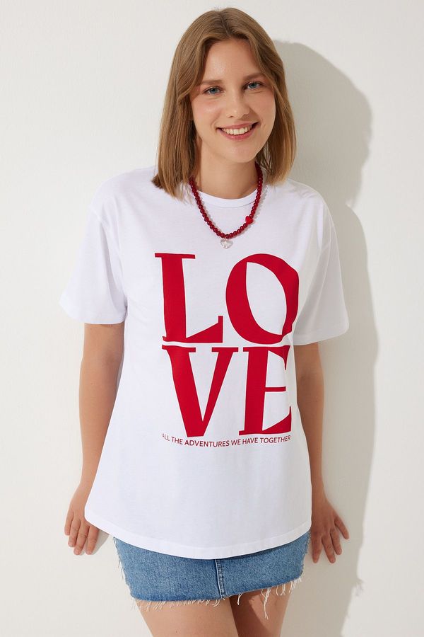 Happiness İstanbul Happiness İstanbul Women's White Printed Oversize Cotton T-Shirt