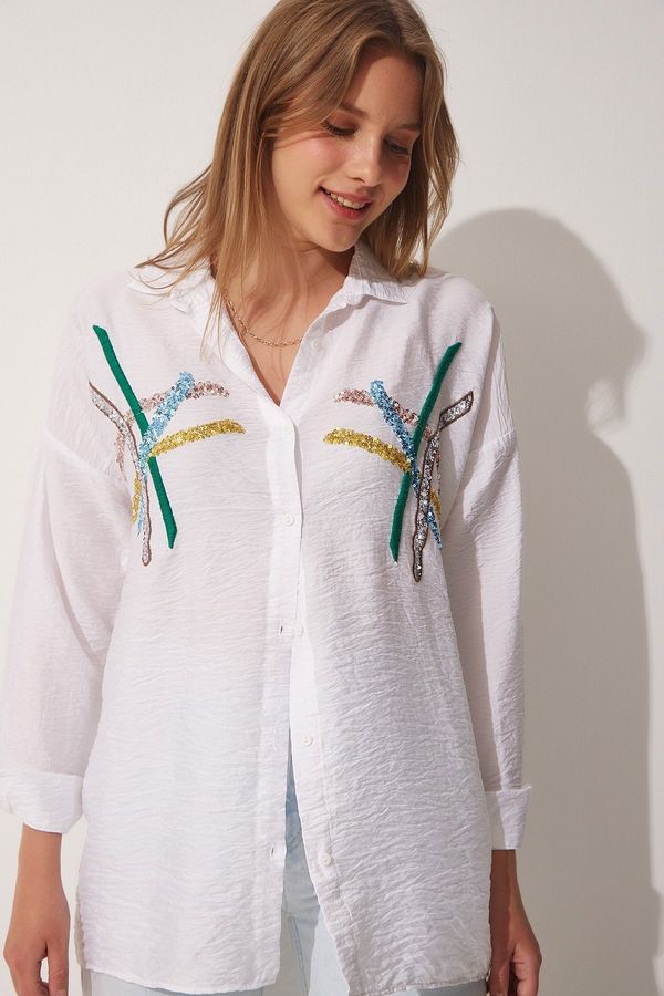 Happiness İstanbul Happiness İstanbul Women's White Sequins Oversized Airon Shirt with Sequins