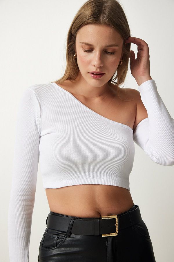 Happiness İstanbul Happiness İstanbul Women's White Single Sleeve Ribbed Crop Knitted Blouse