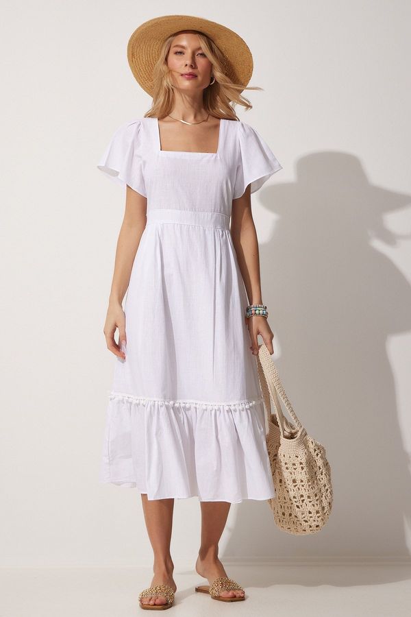 Happiness İstanbul Happiness İstanbul Women's White Square Collar Linen Dress
