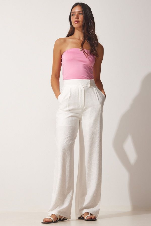 Happiness İstanbul Happiness İstanbul Women's White Velcro Closure Loose Linen Trousers