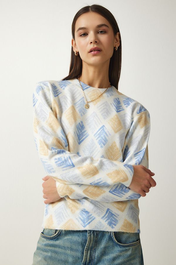 Happiness İstanbul Happiness İstanbul Women's Yellow Blue Patterned Soft Textured Knitwear Sweater