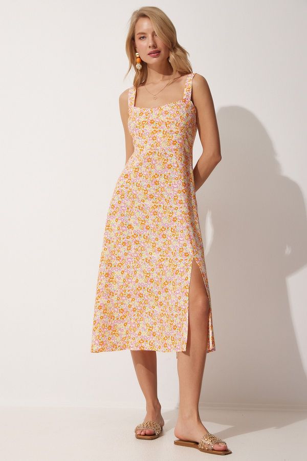 Happiness İstanbul Happiness İstanbul Women's Yellow Orange Square Collar Floral Summer Viscose Dress
