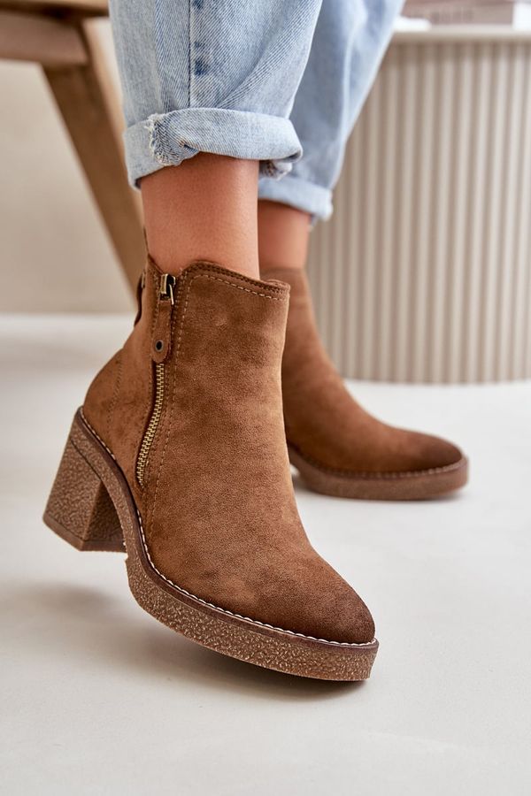 Kesi Insulated women's ankle boots with heels made of eco suede brown Velarilla