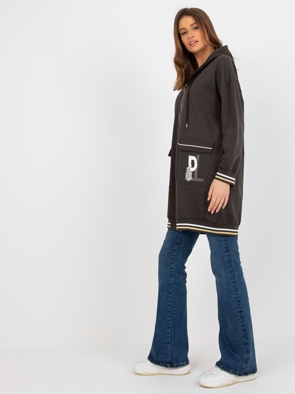 Fashionhunters Khaki long zippered sweatshirt with app and inscriptions