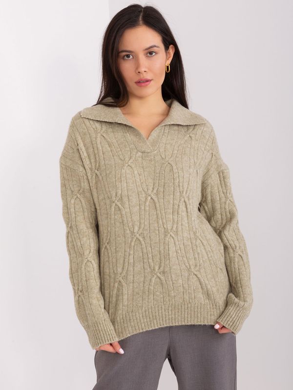 Fashionhunters Khaki women's sweater with cables and collar