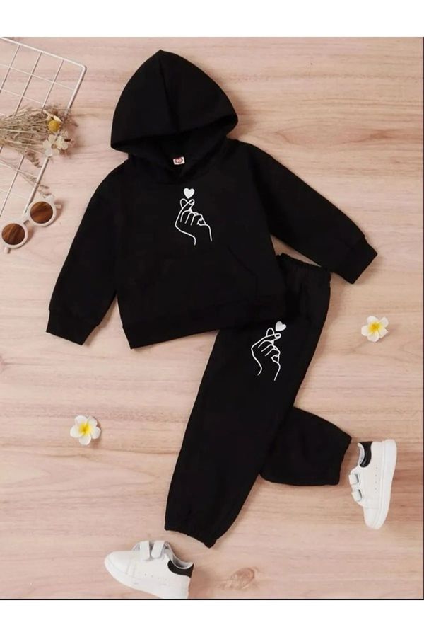 Know Know Black Girl Hand-Printed Heart Printed Hoodie and Tracksuit Set