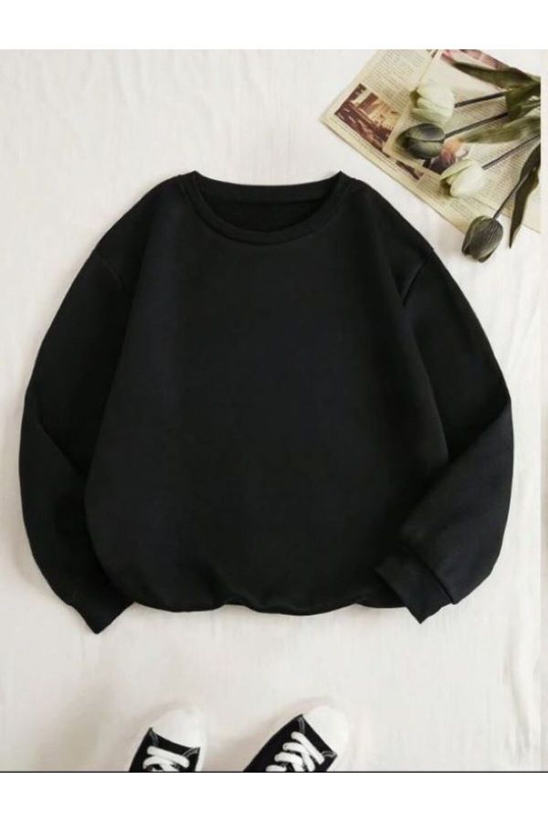 Know Know Women's Black Plain Crewneck Sweatshirt