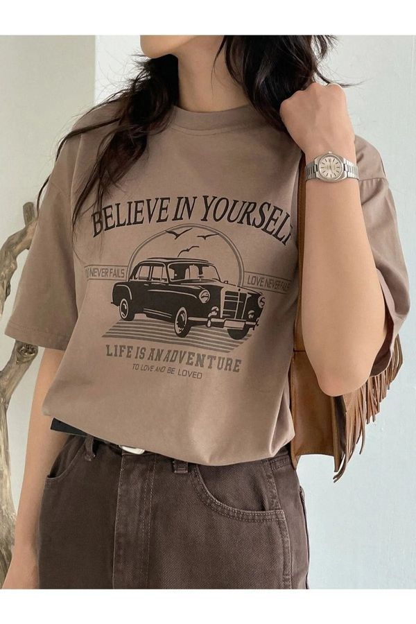 Know Know Women's Brown Believe In Yourself Printed Oversize T-Shirt
