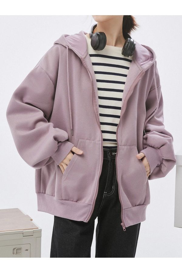 Know Know Women's Lilac Purple Hooded Detail Zippered Cardigan.