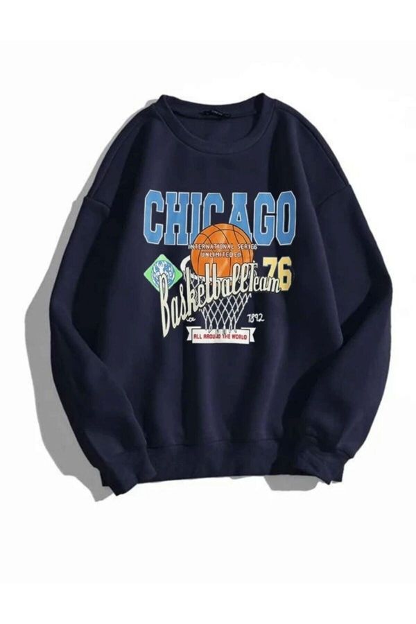 Know Know Women's Navy Chicago 76 Printed Oversized Sweatshirt.