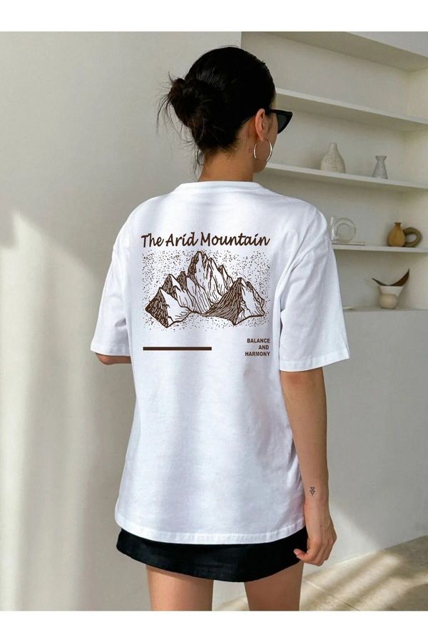 Know Know Women's White Arid Mountain Printed Oversized T-shirt.