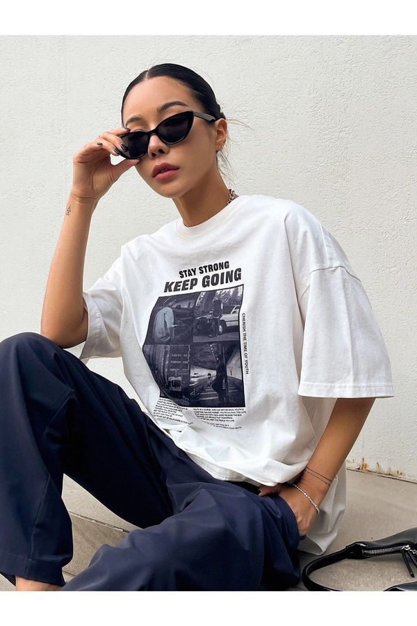 Know Know Women's White Keep Going Printed Oversized T-shirt
