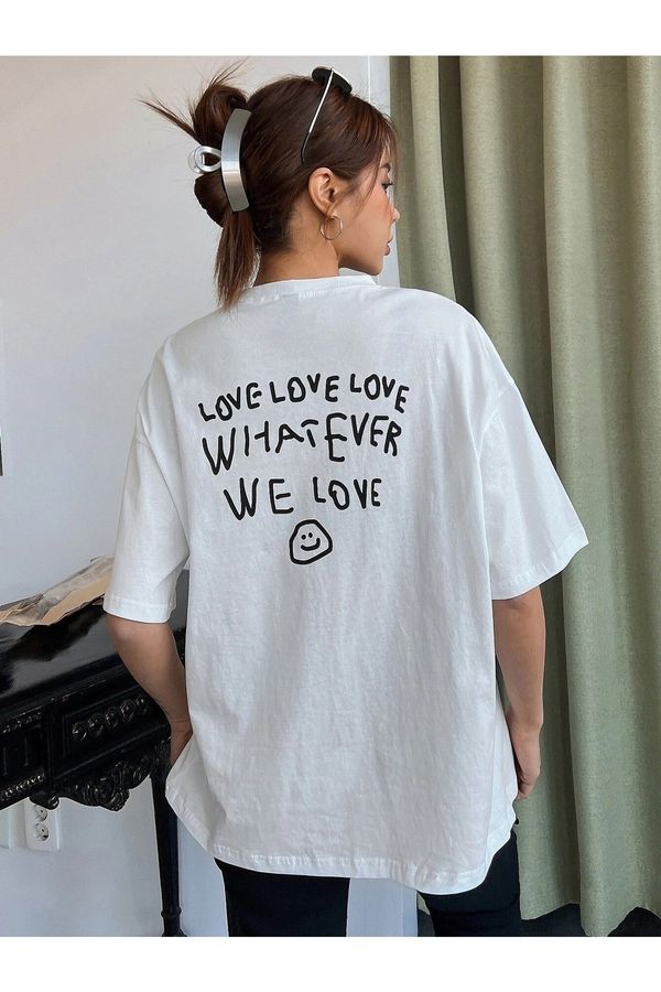 Know Know Women's White Love Love Love Printed Oversized T-shirt.