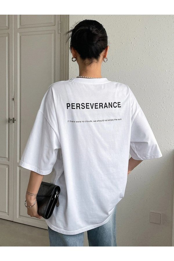Know Know Women's White Perseverance Printed Oversized T-Shirt
