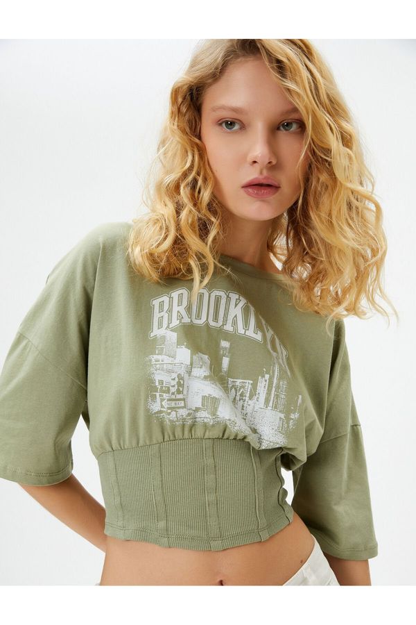 Koton Koton Bodice Detailed Crop T-Shirt Slim Fit Half Sleeve Crew Neck Printed Cotton