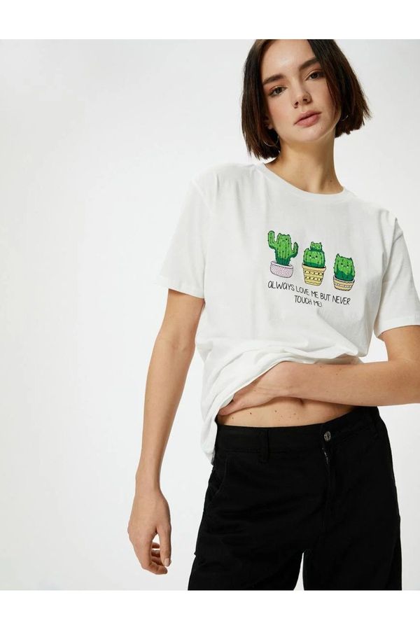 Koton Koton Cactus Printed T-Shirt Comfort Fit Short Sleeve Printed Cotton