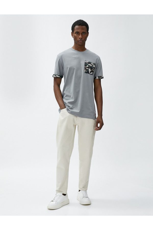 Koton Koton Camouflage Printed T-Shirt With Pockets, Crew Neck Fold Detail Cotton.