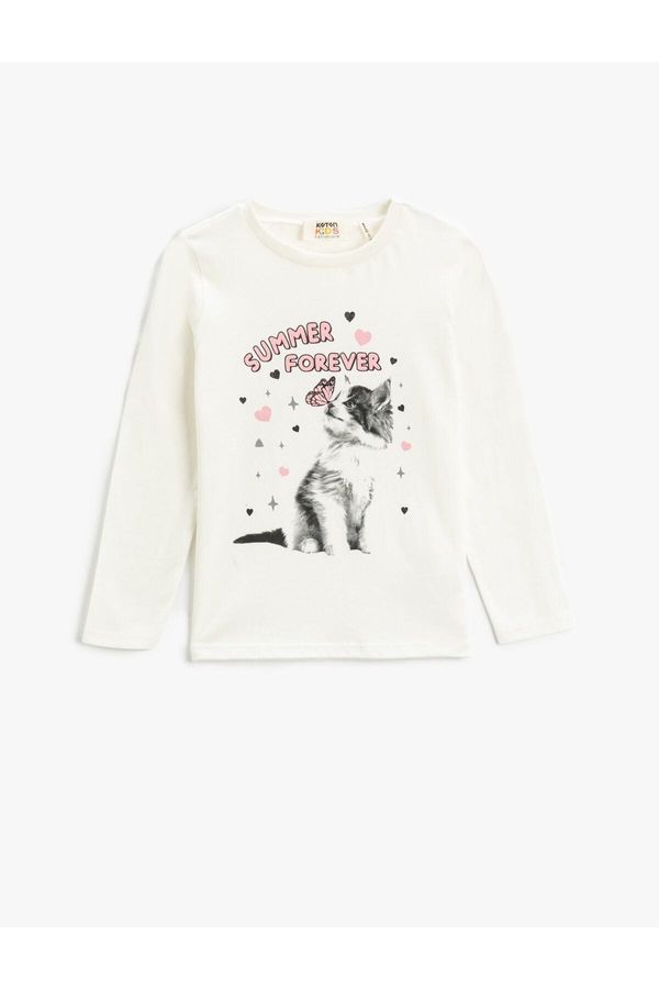 Koton Koton Cat Printed T-Shirt Long Sleeved Crew Neck