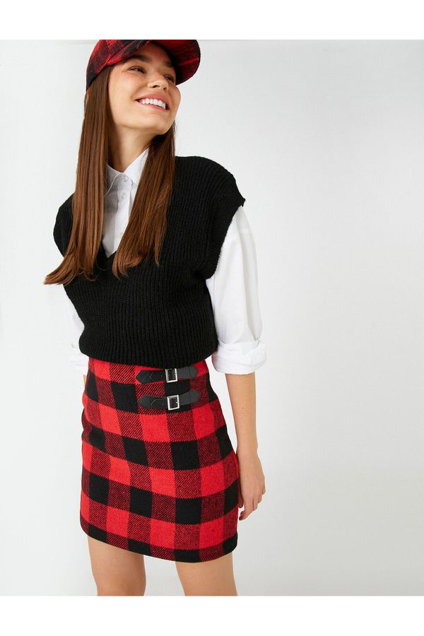 Koton Koton Checked Mini Skirt with Double Buckle Detail and Zipper