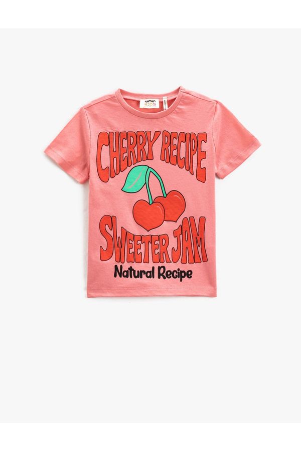 Koton Koton Cherry Blossom T-Shirt Short Sleeved, Round Neck Cotton