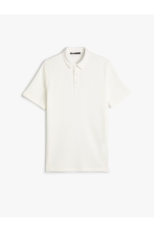 Koton Koton Collared T-Shirt Button Detailed Short Sleeve Textured
