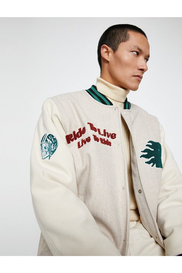 Koton Koton College Jackets Bomber Collar Embroidered Detailed Snap Buttons with Pocket.