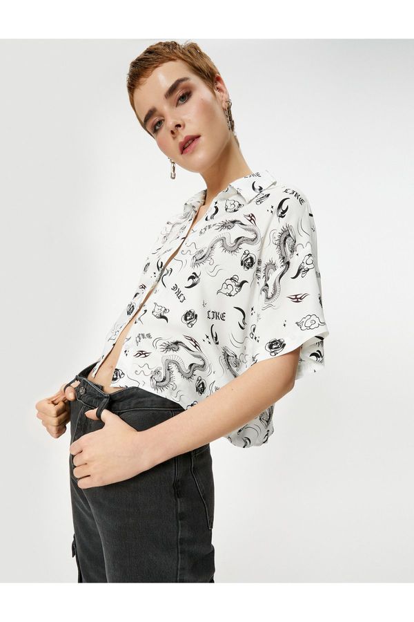 Koton Koton Comfortable Fit Crop Shirt Dragon Printed Viscose Fabric Short Sleeve