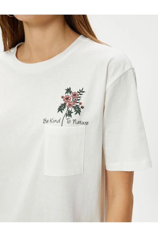 Koton Koton Cotton T-Shirt Floral Print Pocket Detail Short Sleeve Crew Neck