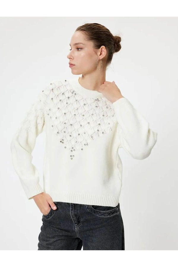 Koton Koton Crew Neck Knitwear Sweater Stone Detailed Long Sleeve