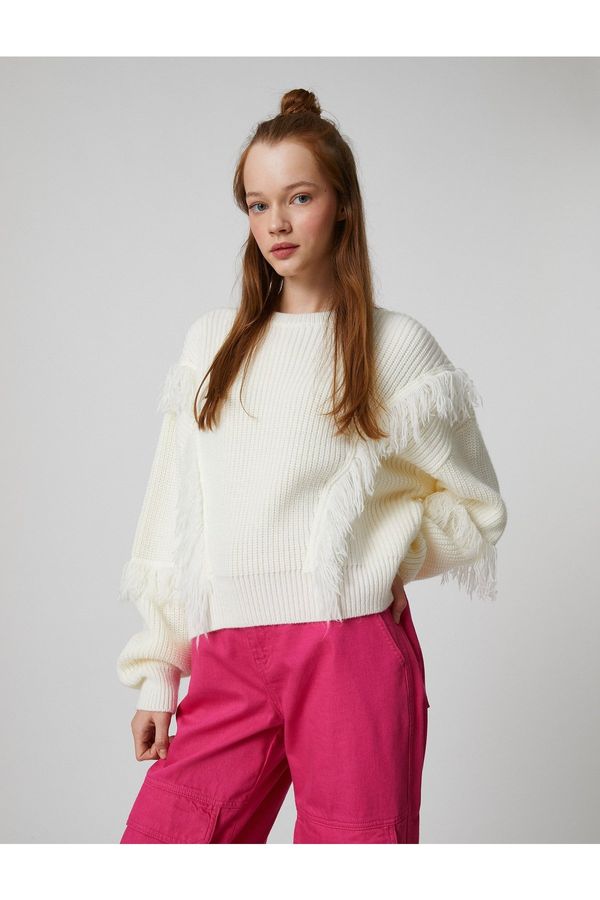 Koton Koton Crew Neck Sweater Long Sleeve Knit Tassel Detail