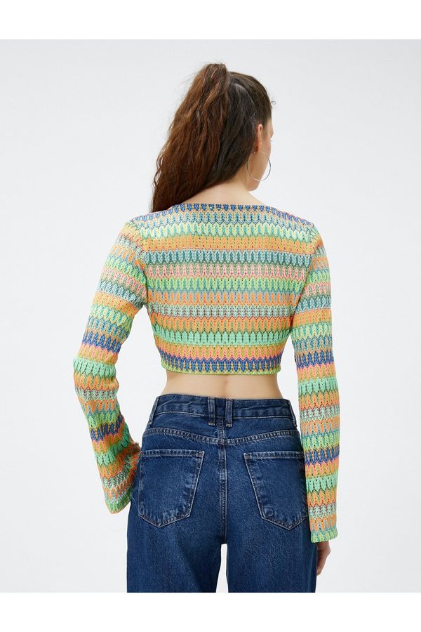 Koton Koton Crochet T-Shirt Long Sleeve Front Tie V-Neck