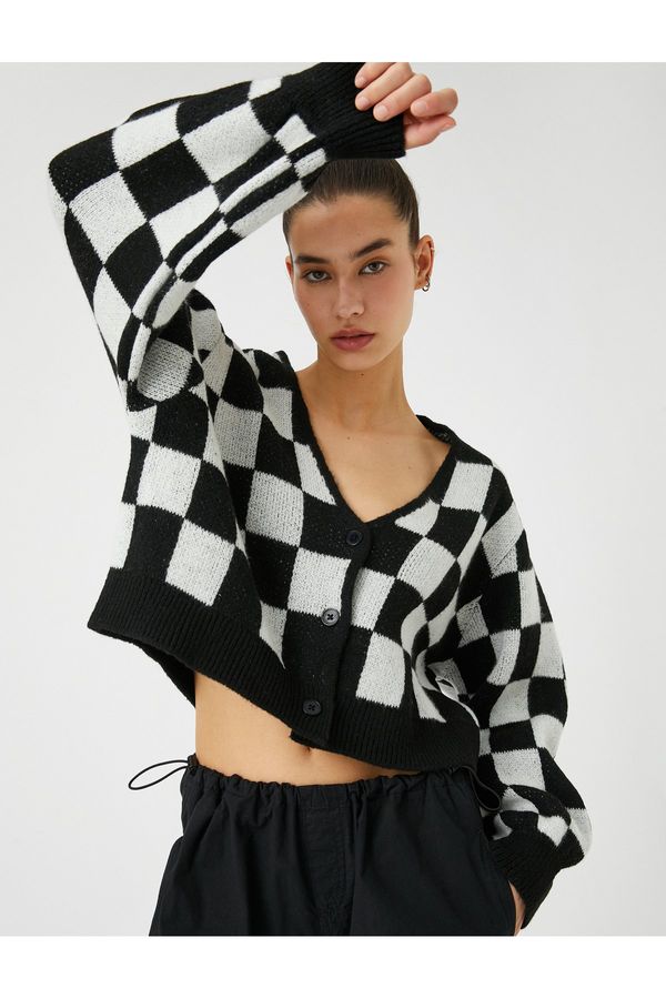 Koton Koton Crop Cardigan Knitted V-Neck Buttoned Checkerboard Pattern Ribbed