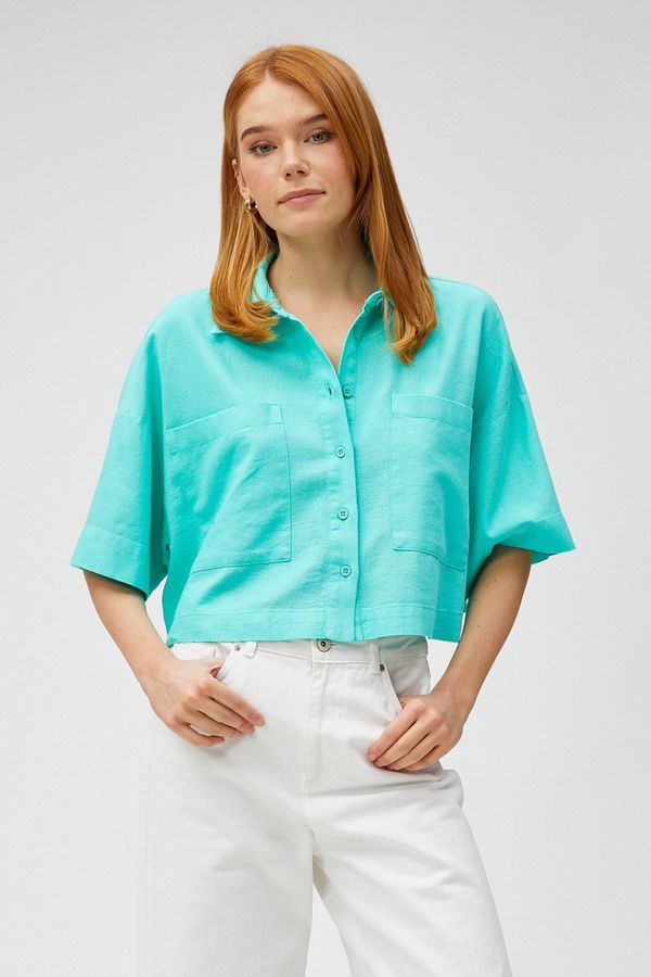 Koton Koton Crop Oversize Shirt Linen Blend With Pocket