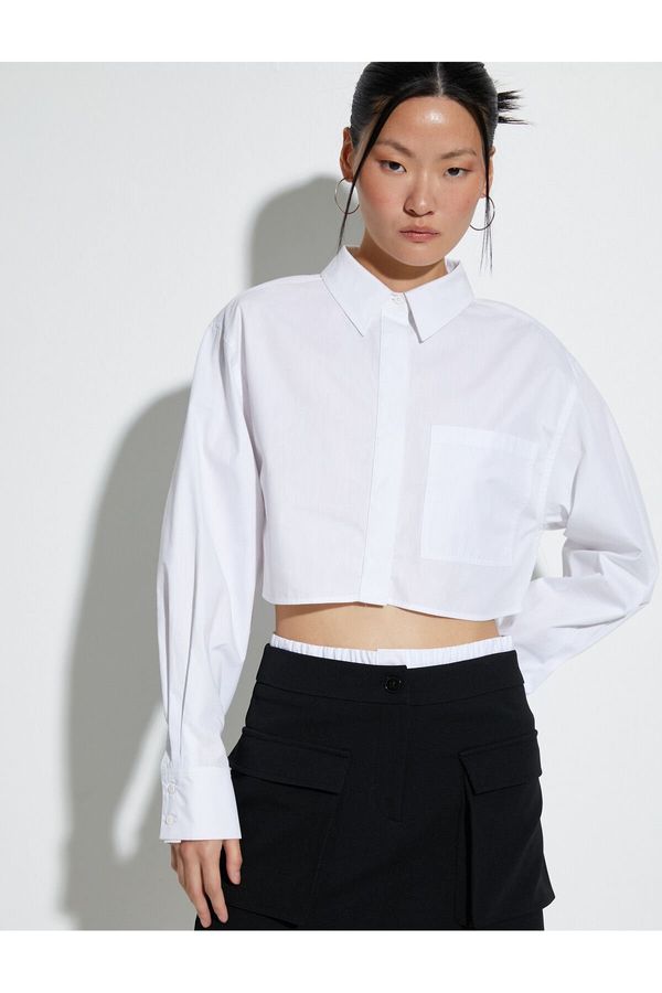 Koton Koton Crop Poplin Shirt Long Sleeve Relax Fit Buttoned Pocket Detailed