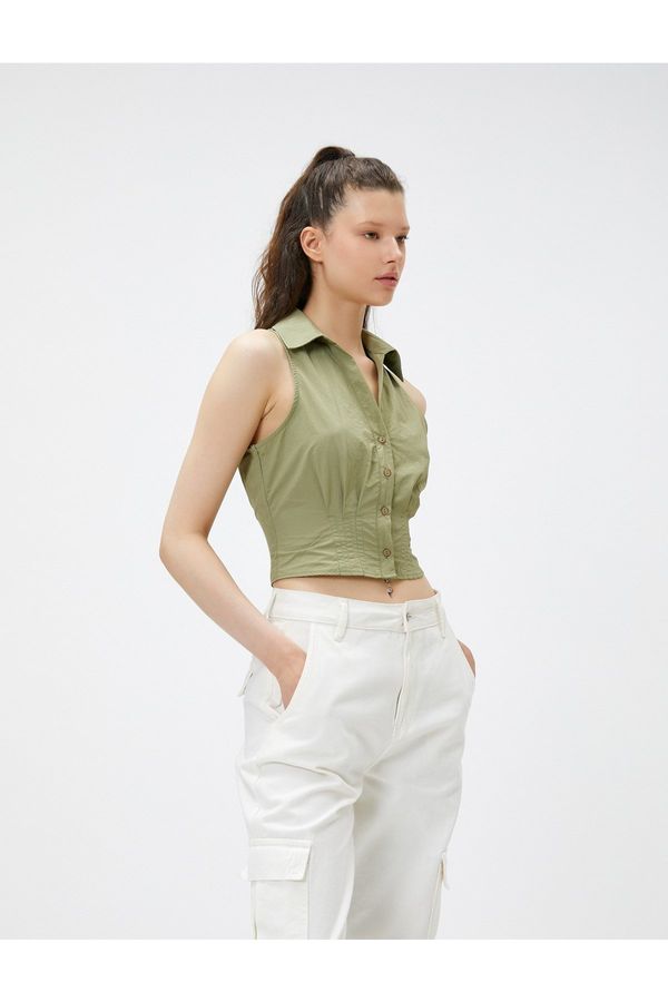 Koton Koton Crop Shirt Sleeveless, Bodice Detailed Cuff Collar