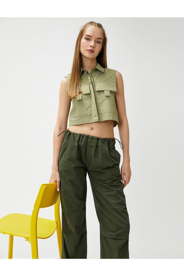 Koton Koton Crop Shirt Sleeveless with Large Pocket Detailed and Buttoned