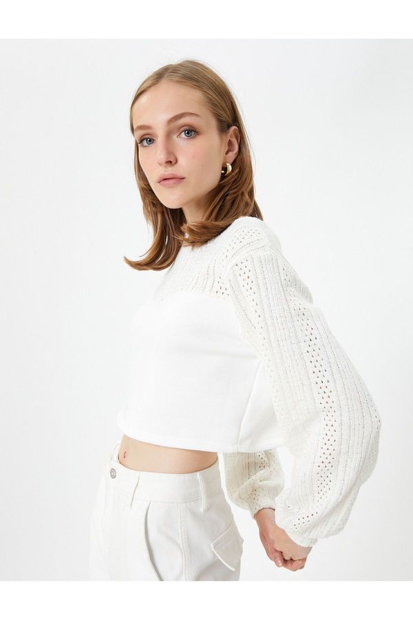 Koton Koton Crop Sweater Openwork Balloon Sleeve Crew Neck