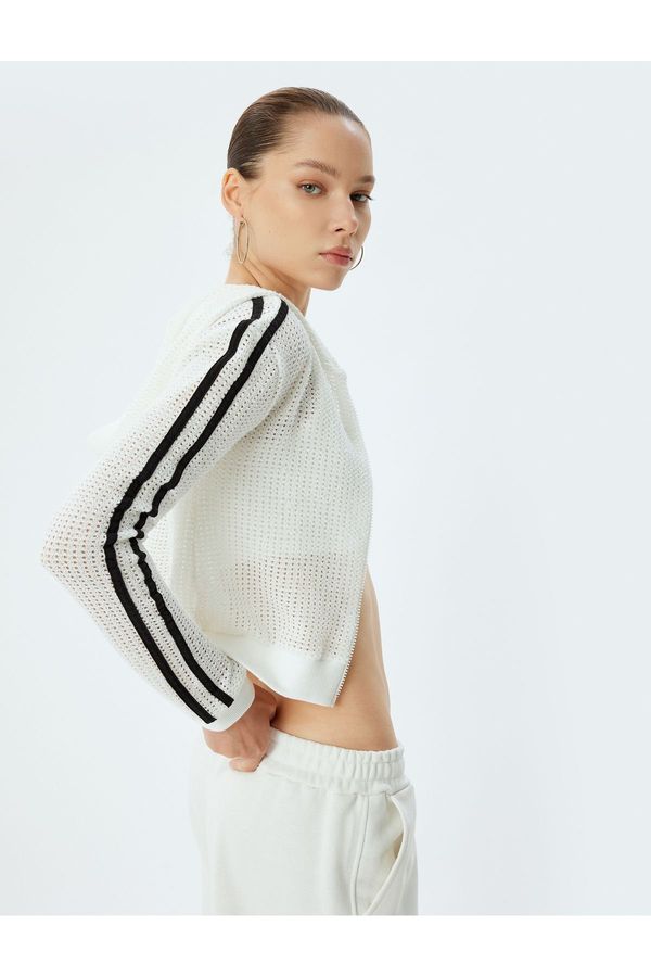 Koton Koton Crop Sweatshirt Zippered Openwork Hooded Stripe Detail