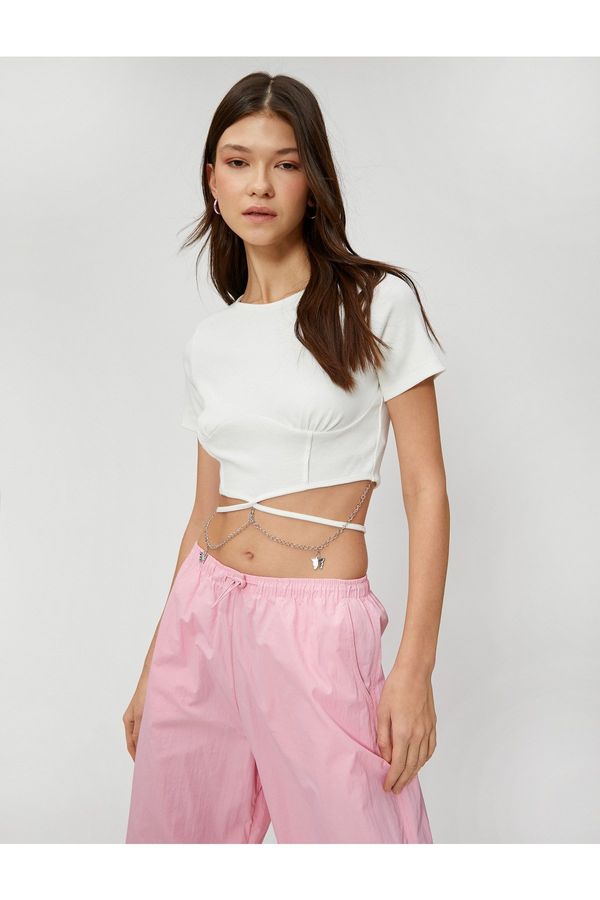 Koton Koton Crop T-Shirt Short Sleeves Butterfly Chain And Bodice Detail.