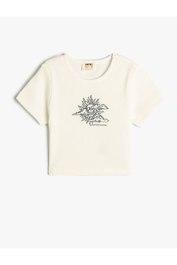 Koton Koton Crop T-Shirt Sun Printed Short Sleeve Crew Neck Ribbed
