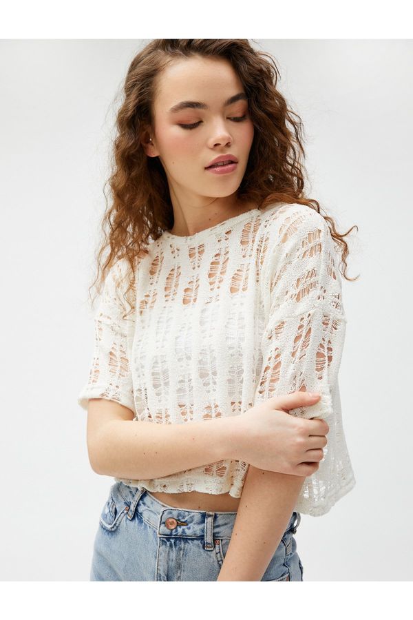 Koton Koton Crop T-Shirt with Openwork Short Sleeves, Crew Neck