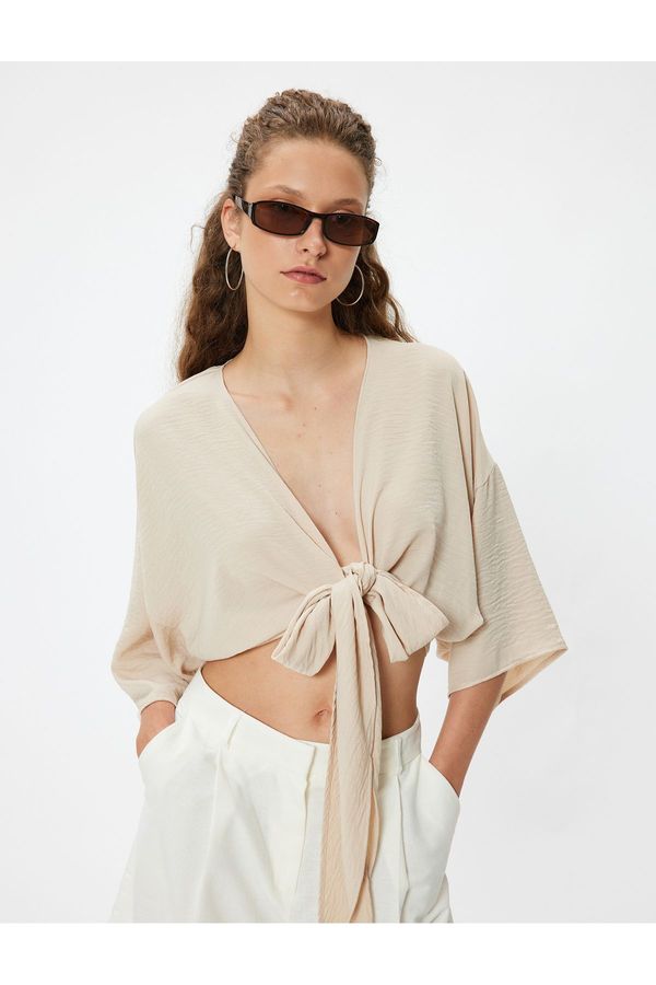 Koton Koton Crop Top V-Neck Tie Detailed Oversize Kimono Sleeve