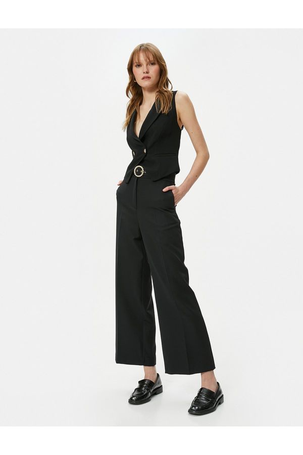 Koton Koton Culotte Trousers Crop Wide Leg High Waist Pearl Belted