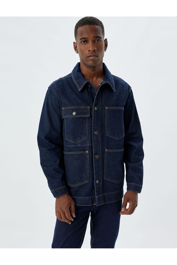 Koton Koton Denim Jacket Oversize Shirt Collar Buttoned Cotton