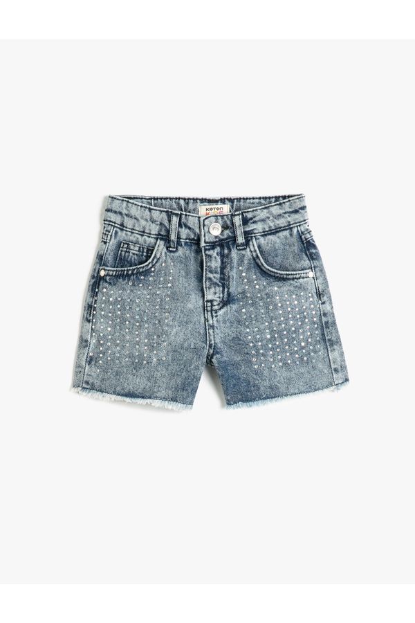 Koton Koton Denim Shorts with Embroidered Beads, Pockets, Cotton and Adjustable Elastic Waist.