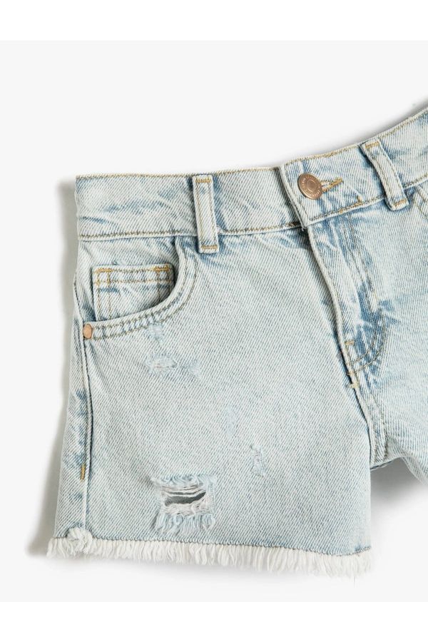 Koton Koton Denim Shorts with Pockets Frayed Detailed Cotton Tasseled Edges with Adjustable Elastic Waist