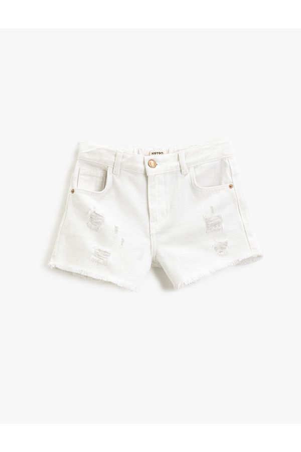 Koton Koton Denim Shorts with Pockets Frayed Detailed Cotton Tasseled Edges with Adjustable Elastic Waist