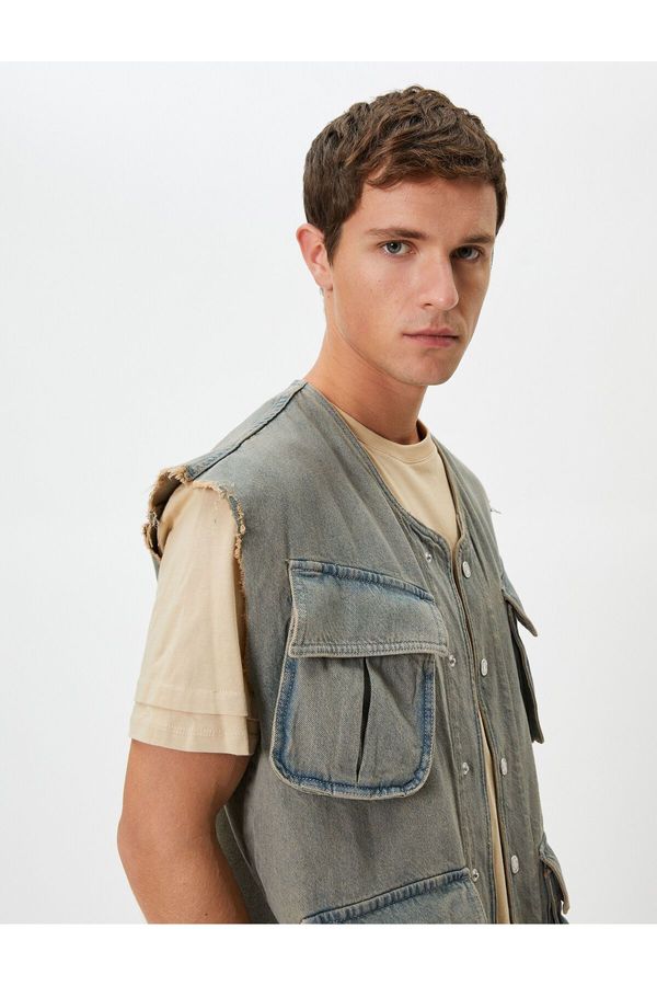 Koton Koton Denim Vest Washed Pocket Detail Buttoned Relaxed Cut